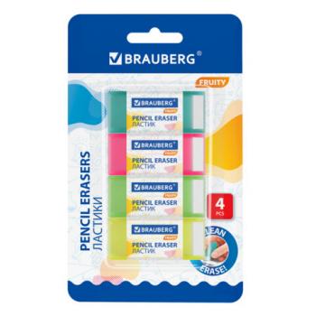 Ластики полупрозрачные BRAUBERG FRUITY НАБОР 4 штуки, размер ластика 54*23*10 мм, упаковка блистер, 271343 - Премиум Сервис