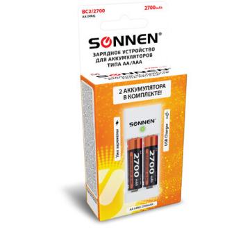 Зарядное устройство с аккумуляторами 2 шт. AA (HR6), 2700 mAh, SONNEN BC2, в блистере, 454239 - Премиум Сервис