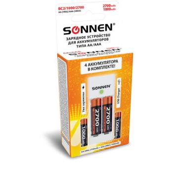 Зарядное устройство SONNEN BC2 + аккумуляторы 2700мАч АА 2шт + 1000мАч АAА2шт, КОМПЛЕКТ, блистер, 455005 - Премиум Сервис