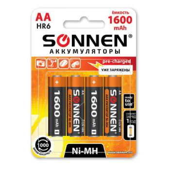 Батарейки аккумуляторные КОМПЛЕКТ 4шт, SONNEN, АА (HR06), Ni-Mh, 1600mAh, в блистере,455605 - Премиум Сервис