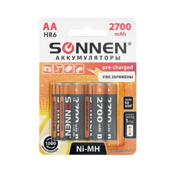 Батарейки аккумуляторные КОМПЛЕКТ 6 шт, SONNEN, АА (HR06), Ni-Mh, 2700mAh, в блистере, 455608 - Премиум Сервис