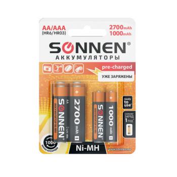 Батарейки аккумуляторные НАБОР 8 (4+4) шт SONNEN AA+ААА (HR6+HR03) 2700мАч+1000мАч, блистер, 455612 - Премиум Сервис