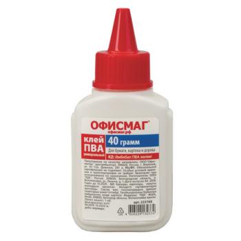 Клей ПВА ОФИСМАГ (бумага, картон, дерево), 40 г, РОССИЯ, 225760 - Премиум Сервис