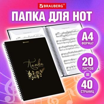 Папка тетрадь для нот А4, 20 вкладышей на 40 страниц, на гребне, пластик, ЧЕРНАЯ, BRAUBERG, 404643 - Премиум Сервис