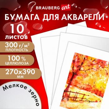 Бумага для акварели 300г, 270x390мм, мелкое зерно, 10 листов, BRAUBERG ART PREMIERE, 115334 - Премиум Сервис