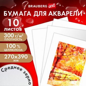 Бумага для акварели, 300г, 270x390мм, среднее зерно, 10 листов, BRAUBERG ART PREMIERE, 115335 - Премиум Сервис