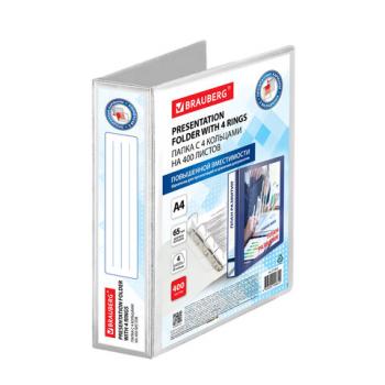 Папка ПАНОРАМА на 4 кольцах, ПРОЧНАЯ, картон/ПВХ, BRAUBERG Office, БЕЛАЯ, 65мм, до 40 - Премиум Сервис