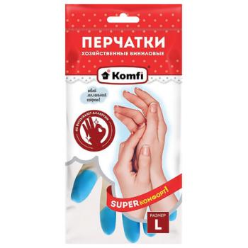 Перчатки хозяйственные виниловые SUPER КОМФОРТ, гипоаллергенные, размер L (большой) 90г, Komfi, цветные пальчики, прочные, ADM, 25591 - Премиум Сервис