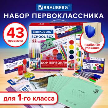 Набор школьных принадлежностей в подарочной коробке BRAUBERG "ПЕРВОКЛАССНИК 43 предмета", 880949 - Премиум Сервис