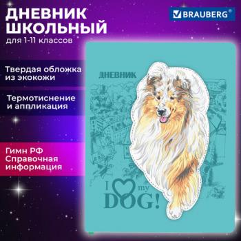 Дневник 1-11 класс 48л, кожзам (тв. с порол.), тиснение, аппликация, BRAUBERG, Собачка, 106940 - Премиум Сервис