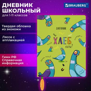 Дневник 1-11 класс 48л, кожзам (твердая), печать, ляссе с аппликацией, BRAUBERG, Курлык, 106956 - Премиум Сервис