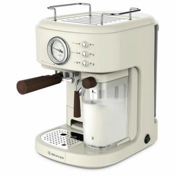 Кофеварка рожковая BRAYER BR1108, 1300 Вт, объем 1,5л, 15 бар, автоматический капучинатор, бежевая - Премиум Сервис