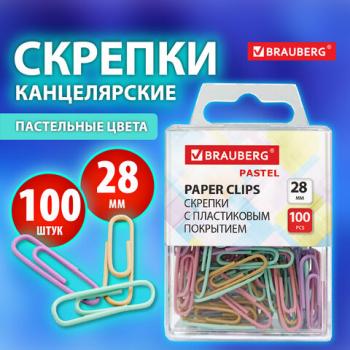Скрепки BRAUBERG PASTEL 28 мм пастельные цвета, 100 штук, в пластиковой коробке, 27хх - Премиум Сервис