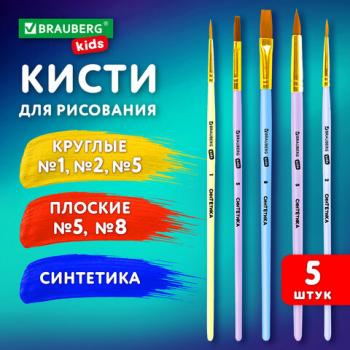 Кисти СИНТЕТИКА набор 5шт. (круглые № 1,2,5, плоская № 5,8), блистер, BRAUBERG KIDS,, 201075 - Премиум Сервис
