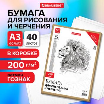 Бумага для черчения А3 297х420мм, 40л. 200г/м2, ватман ГОЗНАК КБФ, в микрогофре, BRAUBERG, 115624 - Премиум Сервис