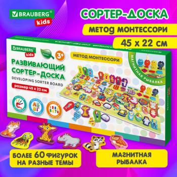 Сортер-доска 45 х 22 см, РАЗВИВАЮЩИЙ-1/Монтессори с магнитной рыбалкой, дерево, BRAUBERG KIDS, 665242 - Премиум Сервис