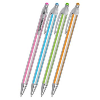 Ручка шариковая автоматическая BRAUBERG Stripes, СИНЯЯ, корпус ассорти, пишущий узел 0,5 мм, линия письма 0,3 мм, 144219 - Премиум Сервис