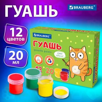 Гуашь BRAUBERG "Кот-энтузиаст" 12 цветов по 20 мл, 192560 - Премиум Сервис