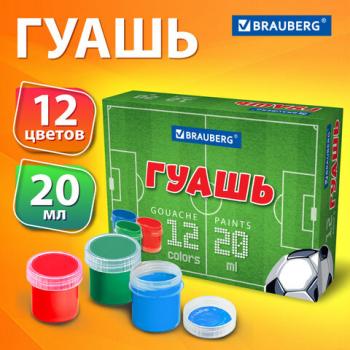 Гуашь BRAUBERG "Футбол" 12 цветов по 20 мл, 192566 - Премиум Сервис