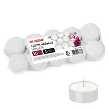 Свечи чайные Long Life, до 5 часов горения, вес 12 г, КОМПЛЕКТ 10 шт., в гильзе, LAIMA, 609199 - Премиум Сервис