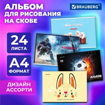 Альбом для рисования А4 24 листа, скоба, обложка картон, BRAUBERG, 203х288мм, МИКС, 107106 - Премиум Сервис