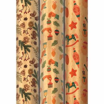 Бумага упаковочная новогодняя НАБОР 3 шт., "Christmas Kraft", 70х100 см, 3 дизайна, ЗОЛОТАЯ СКАЗКА, 592056 - Премиум Сервис