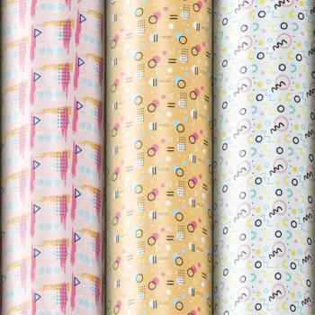 Бумага упаковочная мелованная НАБОР 3 шт., "Memphis", 70х100 см, 3 дизайна, ЗОЛОТАЯ СКАЗКА, 592067 - Премиум Сервис