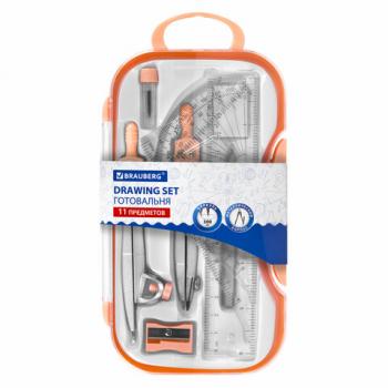 Готовальня BRAUBERG SCHOOL KIT, 11 предметов, циркуль 115 мм, циркуль 125 мм, чертежные принадлежности, персиковый цвет, 210717 - Премиум Сервис