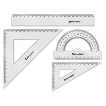 Набор чертежный BRAUBERG (линейка 20 см, 2 треугольника, транспортир), прозрачный, 210853 - Премиум Сервис