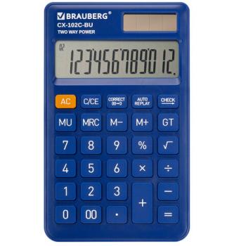 Калькулятор карманный BRAUBERG CX-102C-BU (76x126 мм), 12 разрядов, двойное питание, СИНИЙ, 272648 - Премиум Сервис