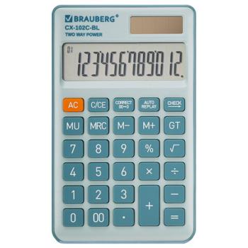 Калькулятор карманный BRAUBERG CX-102C-BL (76x126 мм), 12 разрядов, двойное питание, ГОЛУБОЙ, 272649 - Премиум Сервис