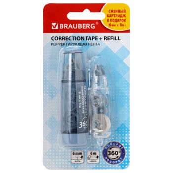 Корректирующая лента BRAUBERG 360°, 6 мм х 6 м + сменный картридж, корпус синий, блистер, 272661 - Премиум Сервис