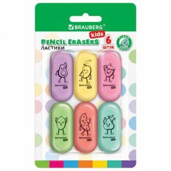 Ластики BRAUBERG KIDS "Fruits", НАБОР 6 штук, 50х23х10 мм, овальные, ассорти, 272669 - Премиум Сервис