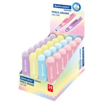 Ластик выдвижной BRAUBERG "REWIND", 112х21х24 мм, белый, пастельные цвета корпуса ассорти, 272686 - Премиум Сервис
