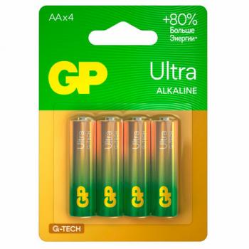 Батарейки КОМПЛЕКТ 4 шт., GP Ultra G-Tech, AA (LR6, 15А), алкалиновые, пальчиковые, 15AUA21-2CRSBC4 - Премиум Сервис