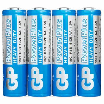 Батарейки КОМПЛЕКТ 4 шт., GP PowerPlus AA (R6, 15G), солевые, пальчиковые, в пленке, 15CEBRA-2S4 - Премиум Сервис