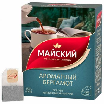 Чай МАЙСКИЙ "Ароматный бергамот" черный цейлонский байховый, 100 пакетиков по 1,5 г, 102627 - Премиум Сервис