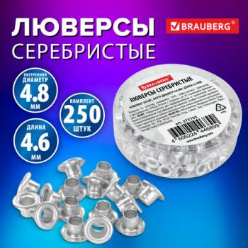 Люверсы серебристые КОМПЛЕКТ 250 шт., внутренний диаметр 4,8 мм, длина 4,6 мм, BRAUBERG, 272765 - Премиум Сервис