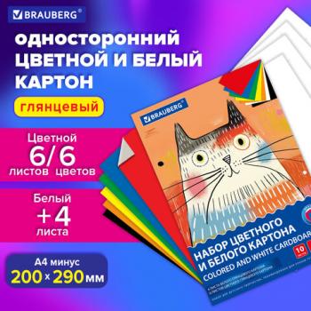 Набор картона БЕЛЫЙ+ЦВЕТНОЙ А4 мелованный, 10л. (белый 4л + цветной 6л), в папке, BRA, 116630 - Премиум Сервис
