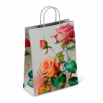 Крафт пакет бумажный Розы 22х12х25см с кручеными ручками, плотность 100 гр/м2, белый,, 114164 - Премиум Сервис