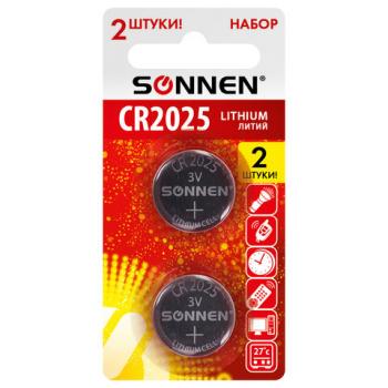 Батарейки литиевые SONNEN Lithium CR2025, "таблетки, дисковые, кнопочные", КОМПЛЕКТ 2 шт., блистер, 457139 - Премиум Сервис