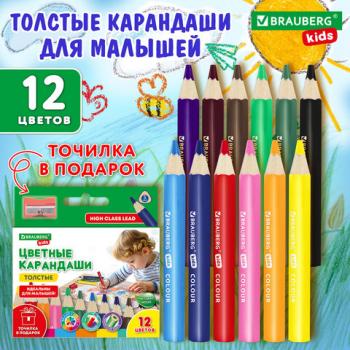 Карандаши цветные толстые для малышей 12 цветов + ТОЧИЛКА В ПОДАРОК! трехгранные, натуральное дерево BRAUBERG KIDS, 182058 - Премиум Сервис