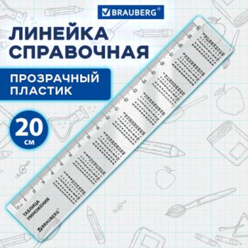 Линейка пластиковая 20 см, BRAUBERG, справочная, таблица умножения, 210832 - Премиум Сервис
