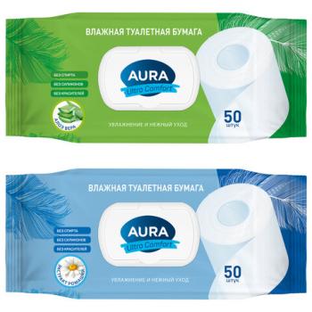 Бумага туалетная влажная 50 шт, AURA Ultra Comfort с пластиковым клапаном, ш/к 20247, 8027 - Премиум Сервис