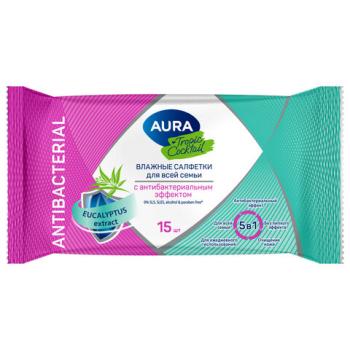 Салфетки влажные 15 шт, AURA Tropic Cocktail c антибактериальным эффектом, ш/к 93967, 10388 - Премиум Сервис