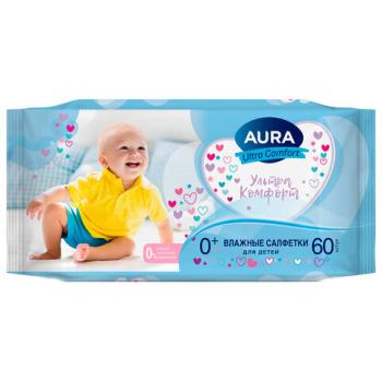 Салфетки влажные 60 шт, для детей, AURA Ultra Comfort, без спирта, ш/к 05152, 8106 - Премиум Сервис