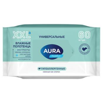 Полотенца влажные 60 шт, AURA Family универсальные, ш/к 60656, 14403 - Премиум Сервис