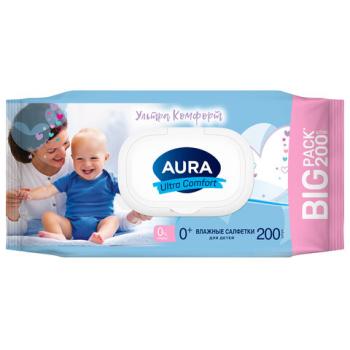 Салфетки влажные 200 шт, для детей, AURA Ultra Comfort, без спирта, крышка клапан, ш/, 8839 - Премиум Сервис