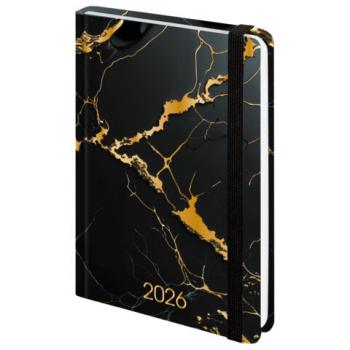 Ежедневник датированный 2026 с резинкой 145х203мм, А5, BRAUBERG, твердый, фольга, "Черный мрамор", 117338 - Премиум Сервис