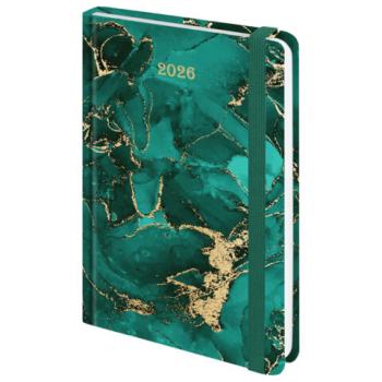 Ежедневник датированный 2026 с резинкой 145х203мм, А5, BRAUBERG твердый, фольга, "Зеленый мрамор", 117340 - Премиум Сервис